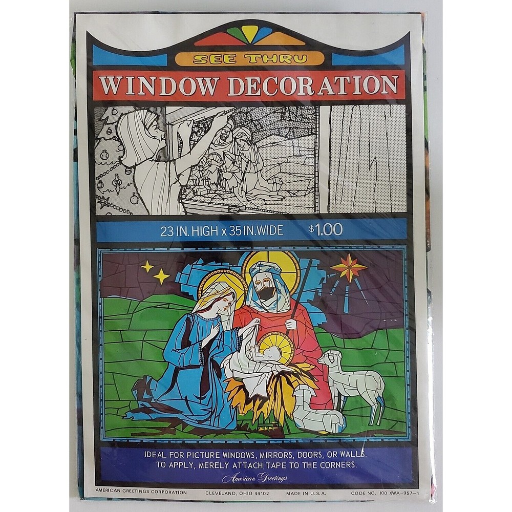 Vtg Christmas Nativity Faux Stained Glass Window Door Film 23H X 36W NOS Sealed
